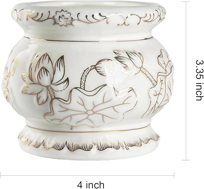 Houlu Small White Ceramic Incense Burner Pot for Praying Buddha, Tibetan Buddhist Altar Worhship Incense Censer - 4 Inches