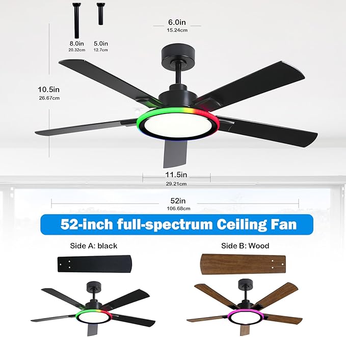 52" Ceiling Fans with Lights,Bluetooth Ceiling Fan with Speaker,6-Speed Reversible Motor,Full-Spectrum Adjustable Lighting,Edge Ambient Lights,Low Profile Ceiling Fan with Light and Remote/App Control