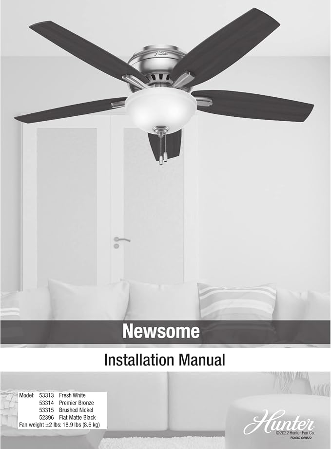 Hunter 52 inch Indoor Ceiling Fan with LED Light - Black Ceiling Fan with Pull Chain, For Bedroom or Living Room, Low Profile Flush Mount, 5 Blades, Includes Bulbs - Newsome 52396, Matte Black | Low Profile Flush Mount, Pull Chain, 5 Blades, For Bedroo...