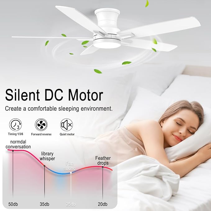YUHAO 52 Inch Flush Mount White Ceiling Fan with Light and Remote Control.Noiseless,Dimmable,3CCT,6 Speeds Reversible, Low Profile DC Ceiling Fans for Indoor or Covered Outdoor Use,ETL Listed