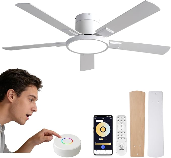 Ceiling Fan with Lights, Smart Flush Mount Ceiling Fan with Remote/APP/Offline Voice Control, 6 Speeds Reversible, 3-Color Dimmable LED,Modern Low Profile Ceiling Fan for Bedroom Living Room 52"