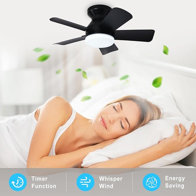 Depuley Modern Ceiling Fan with Light: 25-Inch Black Small Fans for Bedroom Indoor Outdoor - Dimmable Low Profile Ceiling Fans with Remote Control Flush Mount 5 Reversible Black Blades 6 Speeds Timer