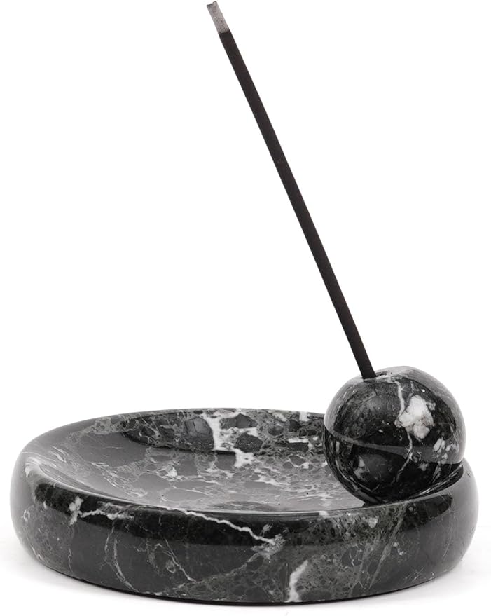 Incense Holder for Sticks, Natural Marble Incense Burner Ash Catcher Plate for Palo Santo, Sage, Meditation, Yoga and Home Decor - Black