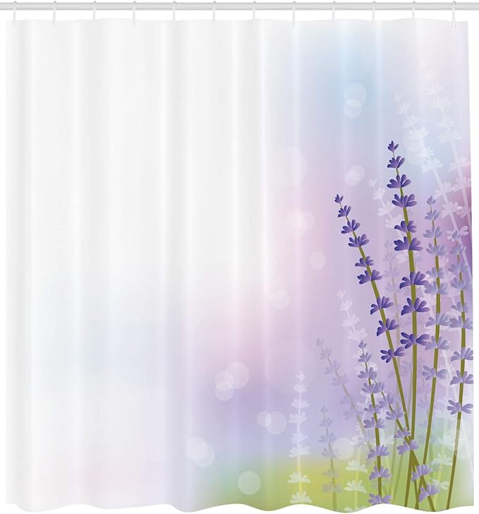 Ambesonne Lavender Shower Curtain, Nature Inspired Abstract Backdrop with Gentle Pastel Lavender Stems, Cloth Fabric Bathroom Decor Set with Hooks, 69" W x 70" L, Green Violet