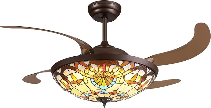 52inch Ceiling Fan Tiffany Style Stained Glass Retractable Ceiling Fans with Remote & Dimmable Light 6-Speed Reversible Motor for Bedroom Dining Room Living Room Kitchen