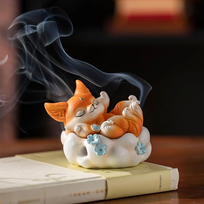 Cute Nine-Tailed Fox Decorative Incense Holder, Resin Sleeping Fox Figurine Cone Coil Incense Burner with Lid, Ash Catcher for Yoga Meditation Spa Home Office Aromatherapy Decor (Orange)