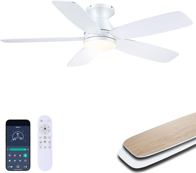JSAITEE Flush Mount Ceiling Fans with Lights - 48in Low Profile Ceiling Fan with Light and Remote, DC Motor Quiet Operation, 3CCT Dimmable, Timer, Modern Fan Light for Indoor, Bedroom, Kitchen, White