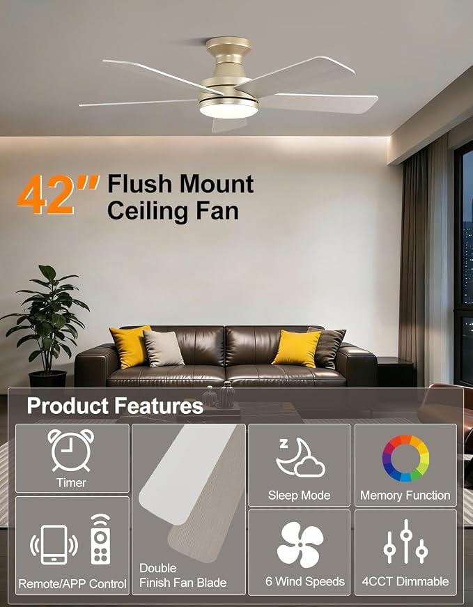 42" RGB Ceiling Fan with Light, App & Remote Controlled Flush Mount Ceiling Fan, Music Sync Lighting, 6-Speed Quiet Reversible DC Motor, 4CCT Dimmable for Bedroom Living Room, Champagne Gold