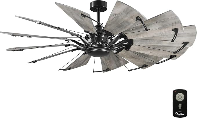 Progress Lighting Springer Collection DC Motor Farmhouse Windmill Ceiling Fan, Matte Black, 12-Blade (60" W x 17-3/8" H) P250000-31M