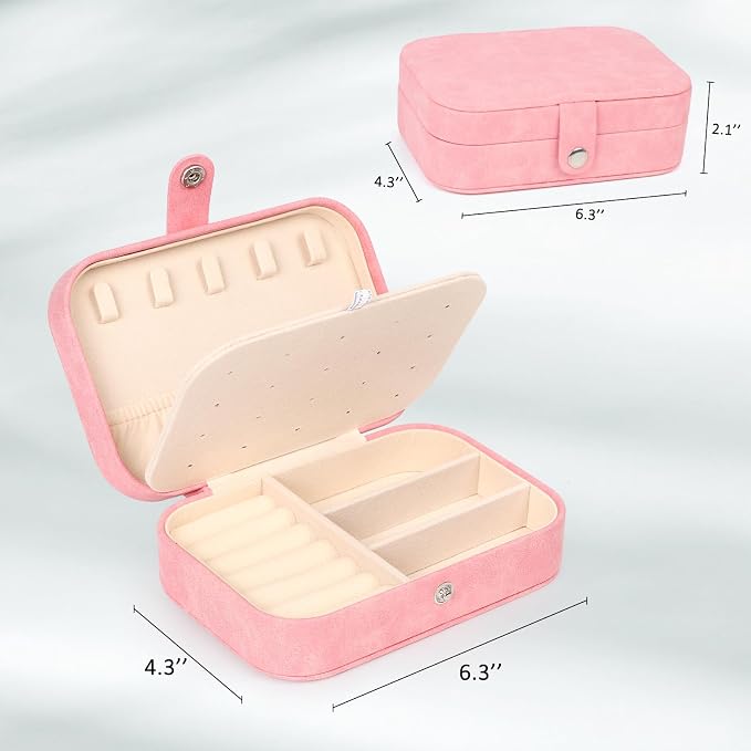 Hatori Travel Jewelry Box, PU Leather Small Jewelry Organizer for Women Girls, Double Layer Portable Mini Travel Case Display Storage Holder Boxes for Stud Earrings, Rings (Pink Beige)