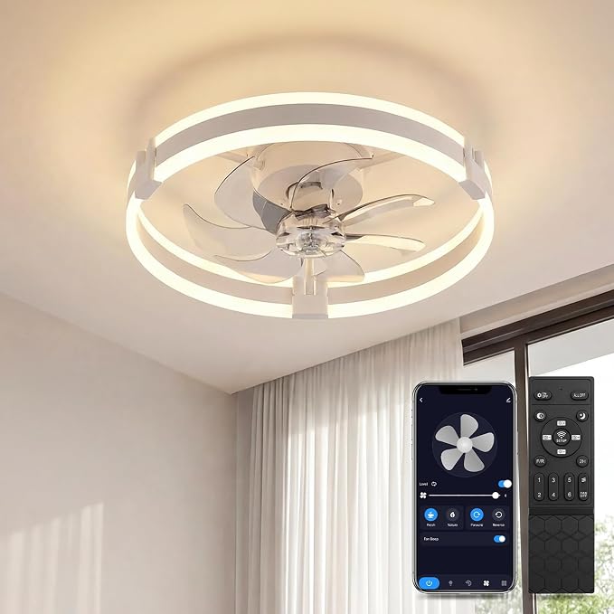 Bladeless Ceiling Fan with Light, 20 Inch Low Profile Flush Mount Fan White | Modern Small Ceiling Fan with Dimmable Light, 6 Speeds, Reversible Airflow, App and Remote Control for Dedroom Liveroom