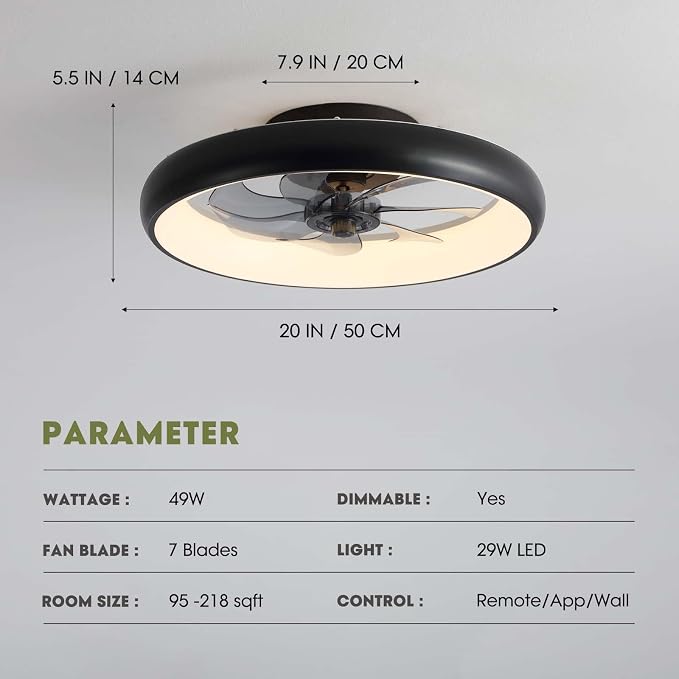Ceiling Fans with Lights and Remote, 20'' Low Profile Flush Mount, 6 Wind Speeds, Modern Dimmable LED Ceiling Fan, Smart Ceiling Fan for Bedroom, Kids Room (Black)