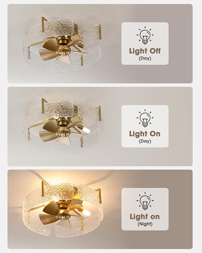 20 Inch Modern Gold Ceiling Fan with Light, Flush Mount Fandelier with Remote Control, Quiet Reversible DC Motor, Low Profile Ceiling Fans for Bedroom Living Room Nursery