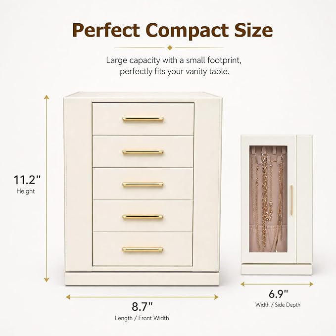 GUOER Jewelry Box for Women, 360° Rotating Jewelry Organizer, Beige | 5 Drawers & Glass Display, Large Storage Case for Necklaces/Earrings/Rings, PU Leather, 8.7x6.9x11.2 in