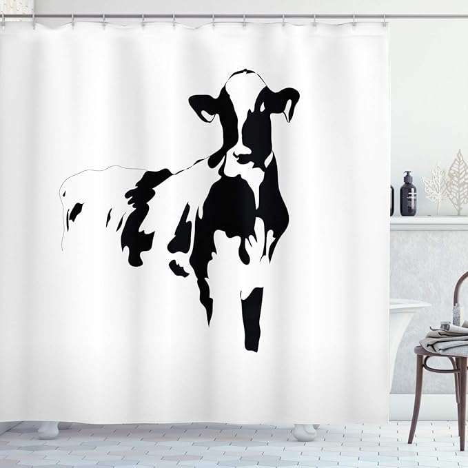 Ambesonne Rustic Shower Curtain, Simple Silhouette Style Portrait of a Cow Milk Farm Animals Agriculture Themed Illustration, Cloth Fabric Bathroom Decor Set with Hooks, 69" W x 84" L, Black White