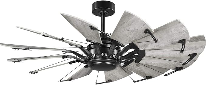 Progress Lighting Springer Collection DC Motor Farmhouse Windmill Ceiling Fan, Matte Black, 12-Blade (52" W x 17-3/8" H) P250065-31M
