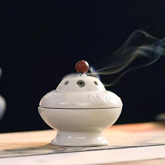 Ceramic Incense Burner - Creamy White insence Holder for Frankincense, Bakhoor, Charcoal, Stick, Powder, Cone, Coil, and Tower Incense