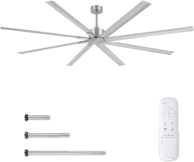 ZMISHIBO 96 Inch Industrial DC Motor Ceiling Fan, Large Ceiling Fan with 8 Reversible Blades, 3 Downrods, 6-Speed Remote Control, Home or Commercial Ceiling Fans for Porch/Garage/Shop, Nickel