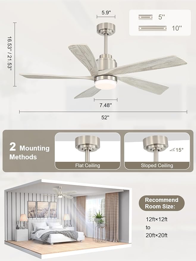 Sofucor Ceiling Fan with Lights and Remote, 52 Inch Modern Wood Ceiling Fan with 2 Downrods for Indoor Farmhouse Bedroom Living Room Outdoor Patio Porch, Quiet/Reversible/Timer