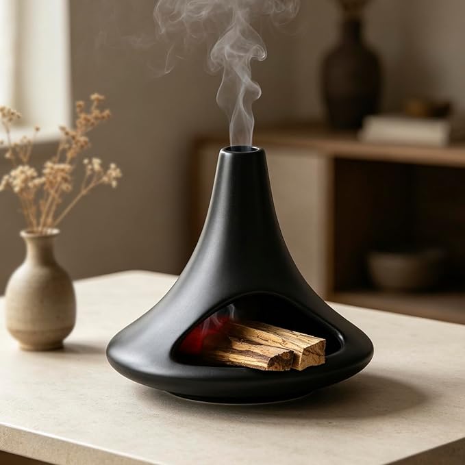 Ceramic Palo Santo Holder Chiminea Shape Burner, Mini Smudge Bowl with Ash Catcher for Palo Santo Sticks, Incense Cones & Candles, for Meditation, Yoga, Cleansing Ceremony, Handmade (Matte Black)
