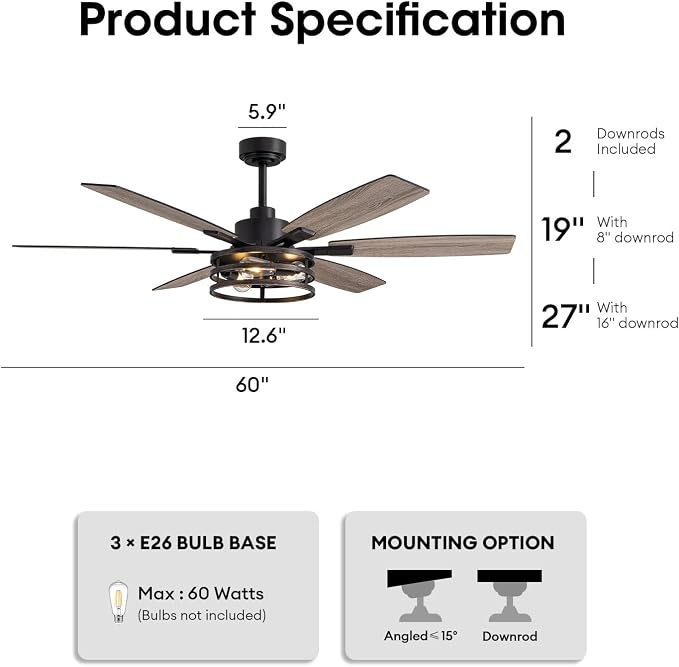 LuminFan 60 Inch Ceiling Fans with Lights and Remote Control, Farmhouse Ceiling Fan for Bedroom Living Room and Patio, Retro Black Caged Ceiling Fan for Indoor and Outdoor
