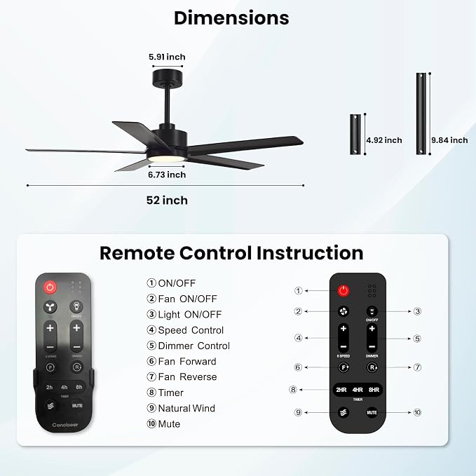 Conciseer Modern Ceiling Fans with Lights,52 Inch Ceiling Fans with Remote for Bedroom Living Room Kitchen, 18W 6CCT Dimmable，5 Blades 6 Speed Reversible Quiet DC Motor Black