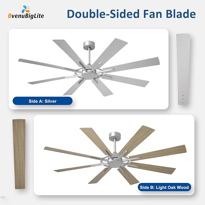 Large Ceiling Fan No Light: Modern 66 Inch 8 Blade Outdoor Ceiling Fans with Remote APP Control - Silver Big Fan without Light Indoor Reversible 6 Speed Quiet DC Motor