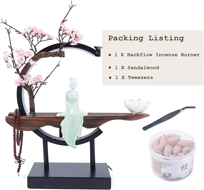 TFCFL Backflow Incense Holder with LED Light Ring, Chinese Style Handmade Flower Censer Incense Burner Home Decor Aromatherapy Ornament Incense Holders with Backflow