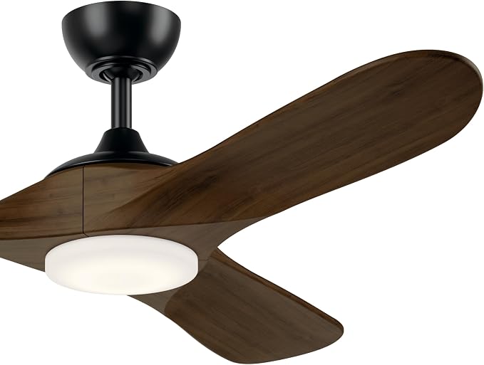 KICHLER Mylo 52 in Modern Ceiling Fan with Light, Satin Black with Aged Walnut Wood Blades, 6-Speed Remote Control, Damp Rated for Bedroom or Living Room, 310552SBK