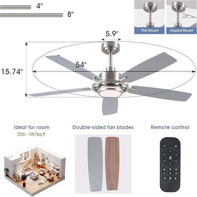 SHIHOT 54" Silver Ceiling Fans with Lights and Remote for Bedroom Kitchen | 6 Wind Speeds, Reversible, Dimmable 3 Light Colors LED Light, 30W Noiseless DC Motor,5 Double-Sided Blades,2H Timer