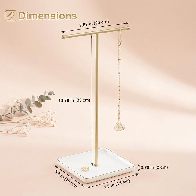 Necklace Holder Stand with Ceramic Tray, 13.78" Tall T Bar Jewelry Organizer for Tangle Free Storage, Gold Necklace Holder for Bracelets Rings, Vanity Dresser Room Decor, Gift for Women Girls