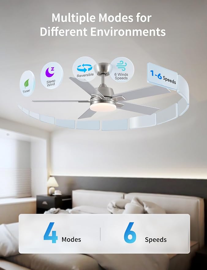 Rayqueen 42Inch Brushed Nickel Ceiling Fans with Lights and Remote,Downrod | 6 Speed Reversible DC motor,3-color temperature dimmable LED.For indoor/covered outdoor.Modern style for bedroom room
