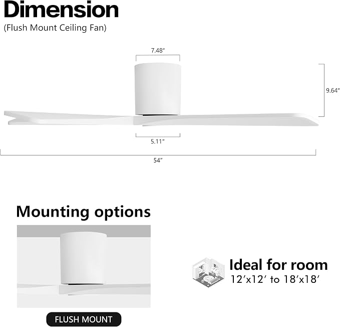 WINGBO 54 Inch Flush Mount DC Ceiling Fans without Lights, 5 Carved Solid Wood Blades, 6-Speed Reversible DC Motor, Low Profile Hugger Ceiling Fan No Lights for Indoor and Outdoor, Gloss White