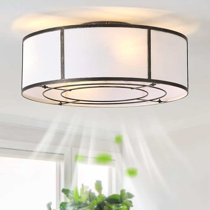 hummingbird 20inch Low Profile Caged Ceiling Fans with Lights, Flush Mount Ceiling Fan with Lights and Remote, Bladeless Modern Enclosed with 6 Speeds for Bedroom, Kitchen, Black