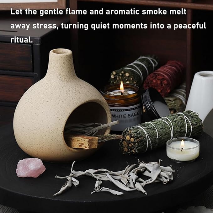 Ceramic Incense Holder, Mini Palo Santo Burner Chimney for Sticks, Cone Incense and Sage Smudging, Handmade Cone Incense Holder Burner for Yoga, Meditation, and Energy Cleansing (Milky White 01)