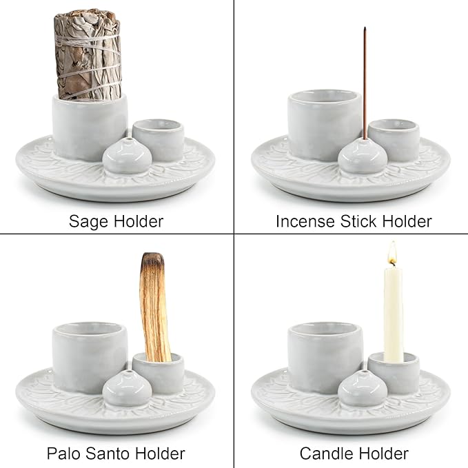 4 in 1 Ceramic Incense Holder, Incense Burner Ash Catcher Palo Santo Sage Holder for Home Decor Meditation Yoga (White)