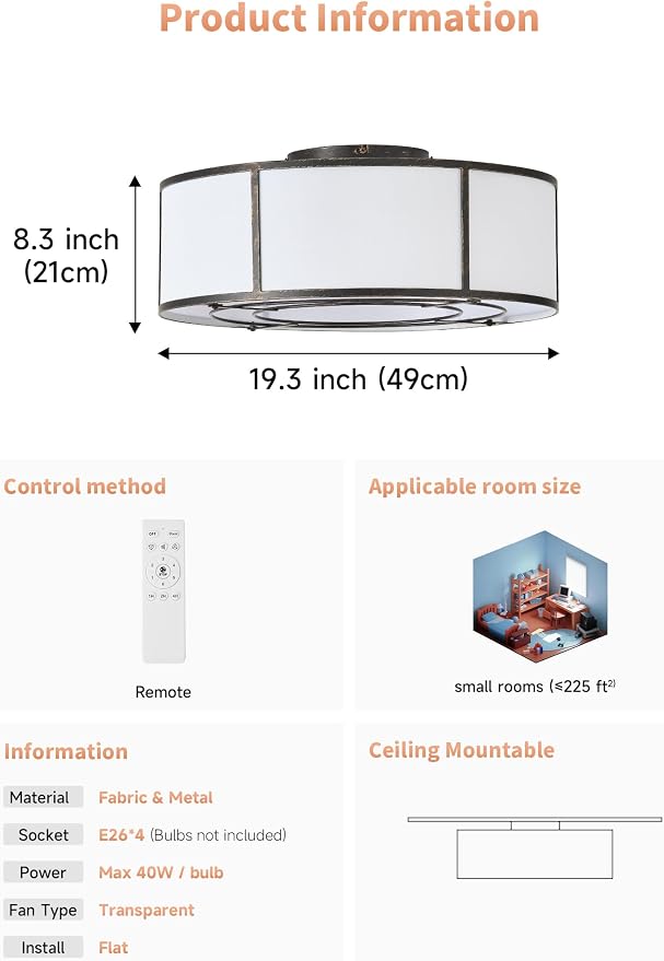 Low Profile Ceiling Fans with Lights, 20" Flush Mount Ceiling Fan with Light, Black and White Boho Bladeless with 6 Speeds Remote Control for Bedroom, Nursery, Living Room