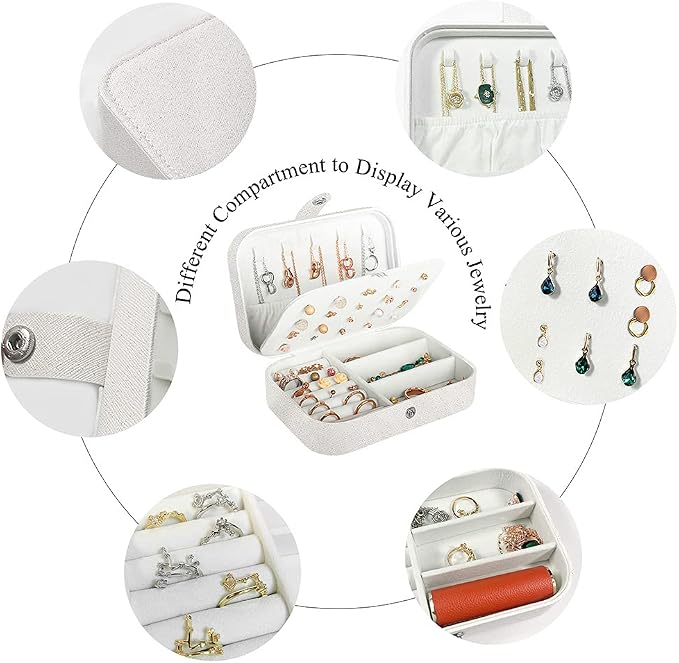 Hatori Travel Jewelry Box, PU Leather Small Jewelry Organizer for Women Girls, Double Layer Portable Mini Travel Case Display Storage Holder Boxes for Stud Earrings, Rings (Glitter White)
