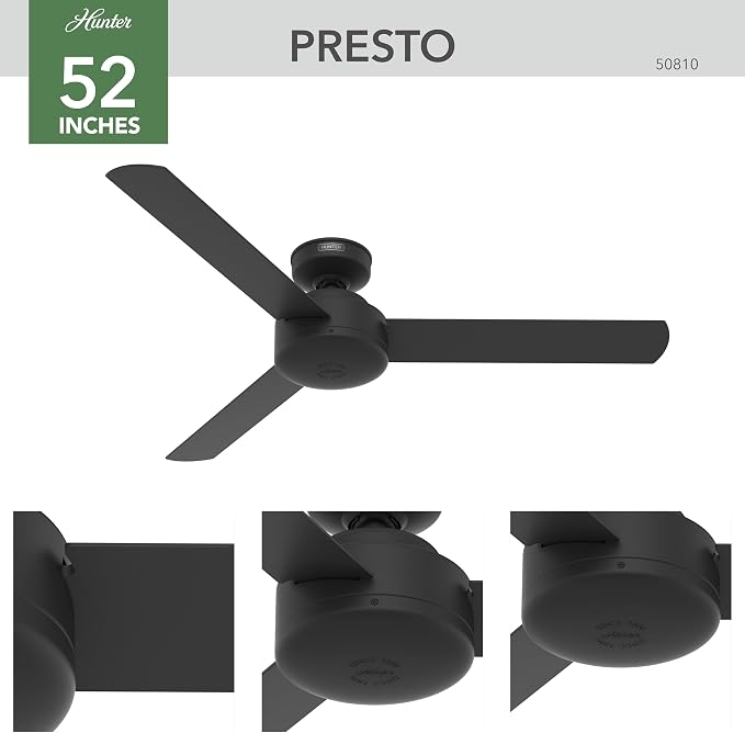 Hunter Presto, Indoor, Ceiling Fan, No Light, Modern, 52 inch, Matte Black | Standard Mount, Wall Control, 3 Blades, For Bedroom, Living Room, Kitchen, 50810