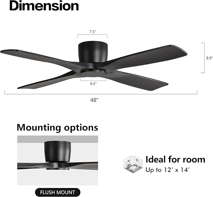 WINGBO 48 Inch Flush Mount DC Ceiling Fans without Lights, 4 Carved Solid Wood Blades, 6-Speed Reversible DC Motor, Low Profile Hugger Ceiling Fan No Lights for Indoor and Outdoor, Matte Black