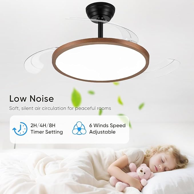 48 Inch Retractable Ceiling Fan with Lights, Fandelier Ceiling Fan for Bedroom Living Room Dinning Room, Chandelier with Fan 6 Speed, 3 Color Temperature, Reversible DC Motor-Black