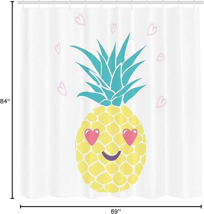 Ambesonne Tropical Shower Curtain, Pineapple Design a Smile and Heart Eyes Exotic Love Themed Fruit Portrait, Cloth Fabric Bathroom Decor Set with Hooks, 69" W x 84" L, Turquoise Yellow