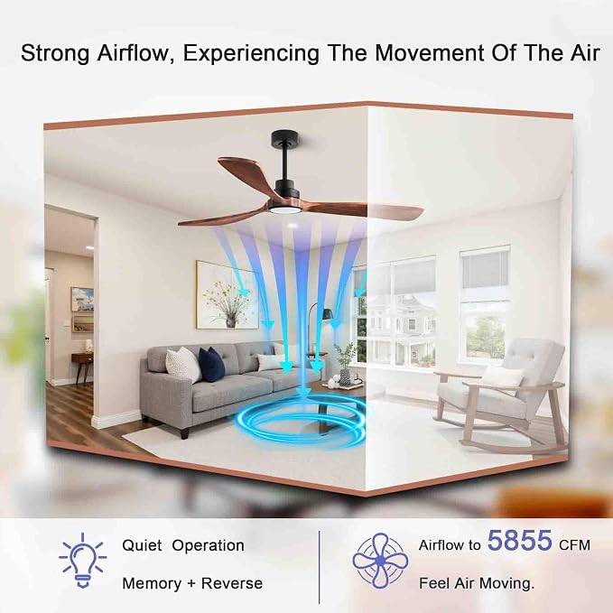 60-inch Quiet Ceiling Fan Light with Remote Control, 3-Blade, Walnut Finish | 3CCT, mobile app, full memory function, suitable for living rooms, dining rooms, bedrooms, offices, balconies, and patios