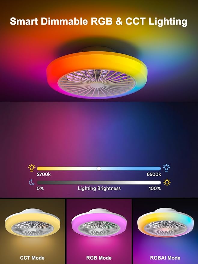 18 Inch Smart Bladeless Ceiling Fan with Lights (17inch) | Low Profile Flush Mount Fandelier, RGBWW Dimmable LED Ceiling Fan, Remote & Bluetooth App Control, 6 Speeds