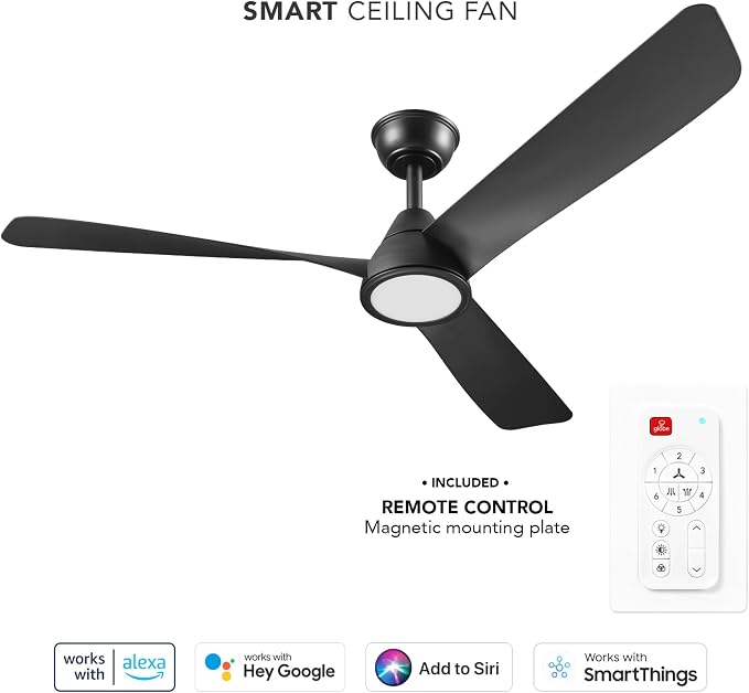 Globe Electric 37000110 52" Smart Ceiling Fan with LED Light, Remote Control, WhisperQuiet DC Motor, 6 Speeds, Matte Black