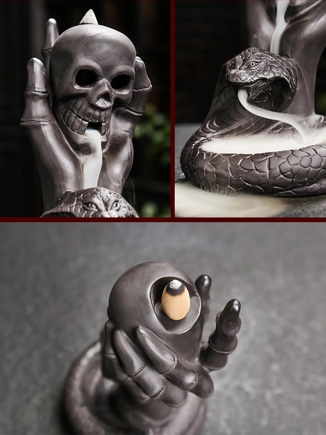 Skull Snake Incense Burner Holder - Backflow Waterfall Cone Incense Holder, Ceramic Unique Skeleton Incense Burner with Cones & Sticks for Halloween/Aromatherapy/Yoga/Home/Room/Office Deco