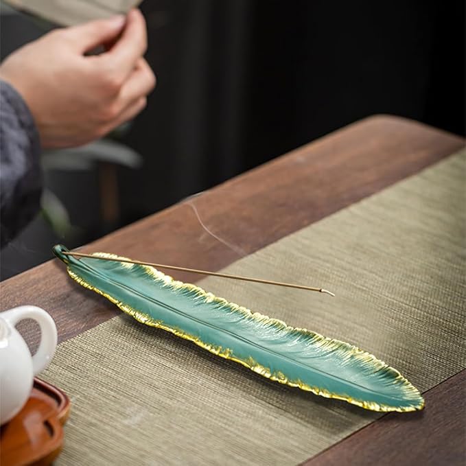 Incense Stick Holder Burner Ceramic Green Feather, Incense Burner Ash Catcher 9 Inch Handmade Incense Tray Meditation, Yoga, Home/Office Decor, Spa Relaxation (Green)