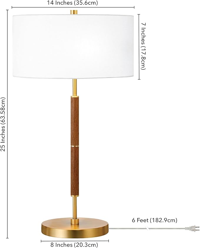 Henn&Hart 25" 2-Tone Modern 2-Light Table Lamp with White Fabric Drum Shade for Living Room, Bedroom, or Office, Medium Oak/Gold