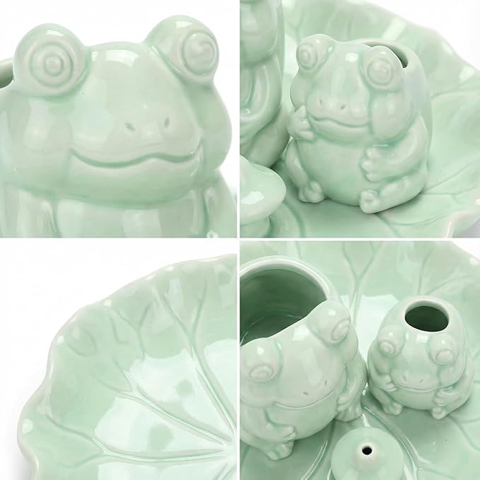 ChangWanna Multifunction 4 in 1 Frog Incense Holder, Palo Santo Holder, Sage Holder, Ceramic Incense Stick Holder for Burning - Cute Ash Catcher Tray for Yoga/Meditation/Home Room Office Decor, Green