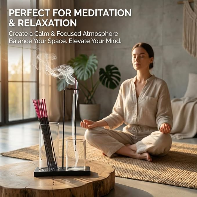 2 in 1 Incense Holder for Sticks, Glass Incense Burner Holder with Storage, Upside Down Incenses Holders with Glass Ash Catcher for Home Meditation Yoga Spa Room(Color:Black)
